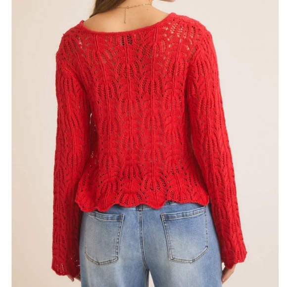 Red Crochet Front Tie Sweater Cardigan - Picture 3 of 5